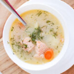 Paleo Finnish Salmon Soup in a white bowl