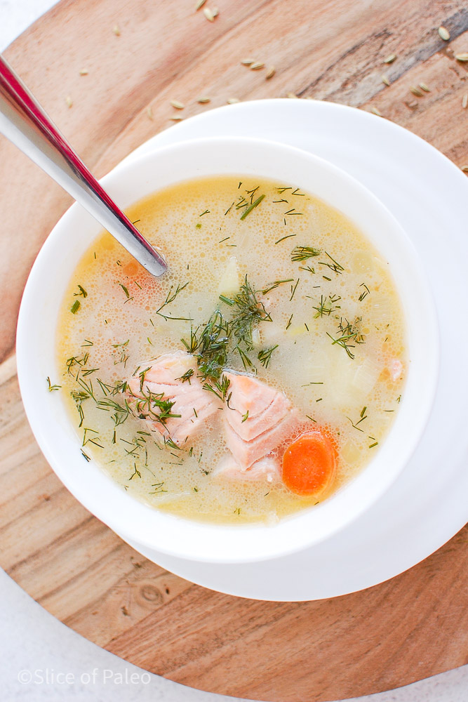 Paleo Finnish Salmon Soup in a white bowl