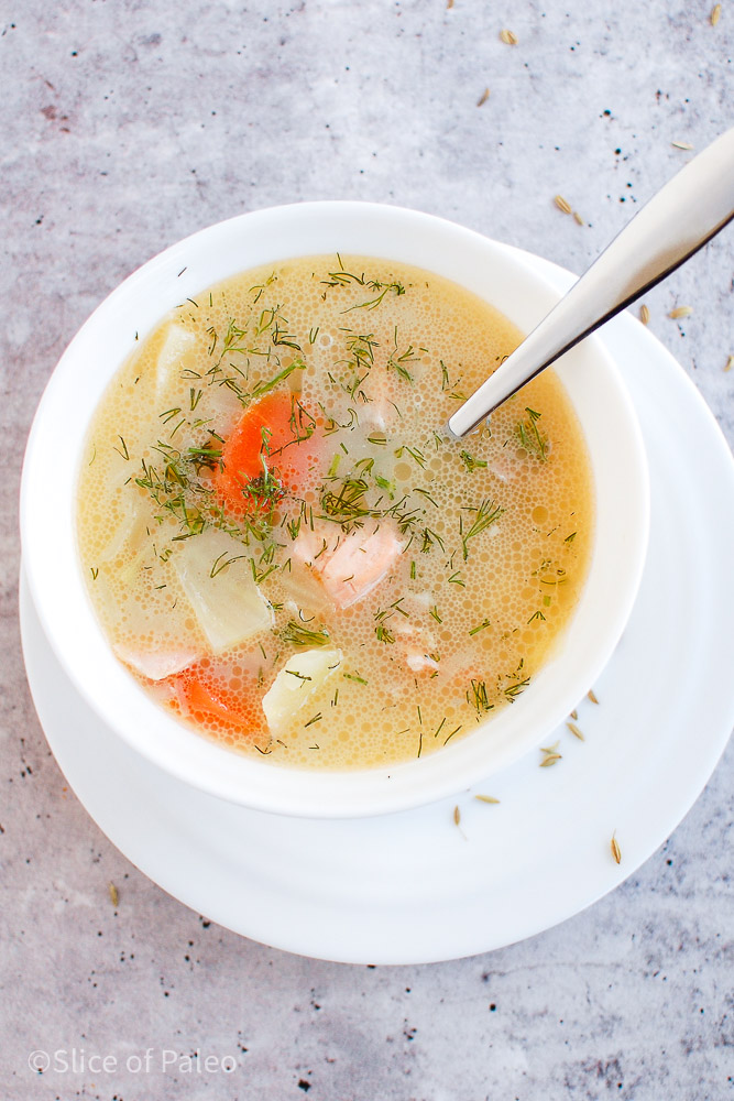 Paleo Finnish Salmon Soup served in a bowl