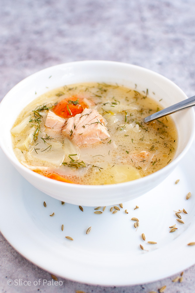 Paleo Finnish Salmon Soup in a bowl