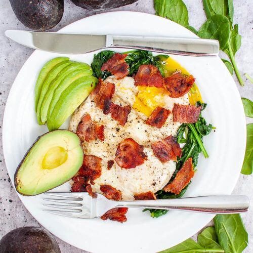 10 Minute Egg Bacon Spinach Avocado Meal Served On A Plate