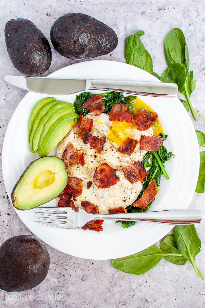10 Minute Egg Bacon Spinach Avocado Meal Served On A Plate