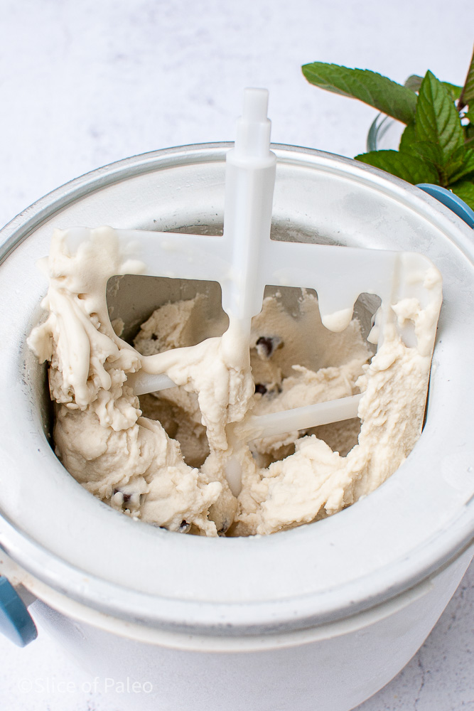 Paleo Mint Chocolate Chip Ice Cream Ingredients in Ice Cream Maker