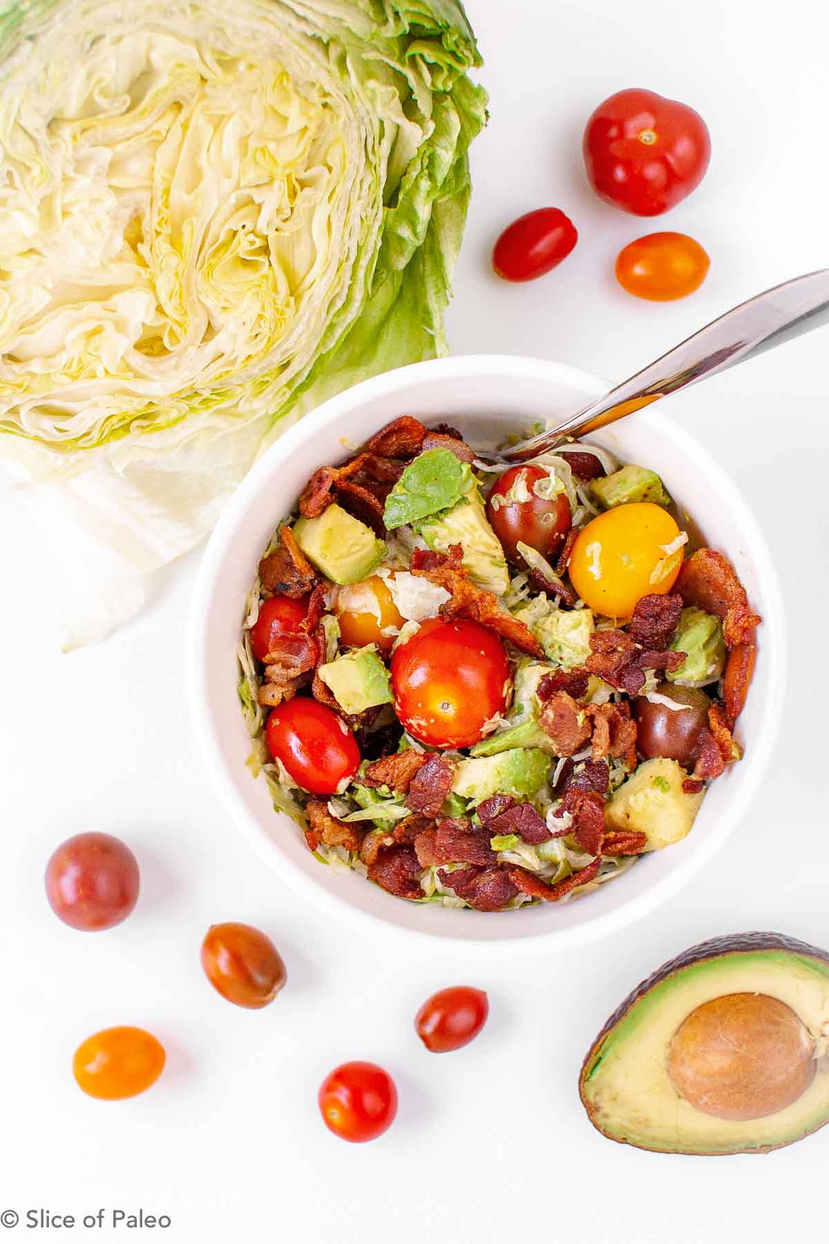Bacon Lettuce Tomato Bowl served with avocado in a white bowl