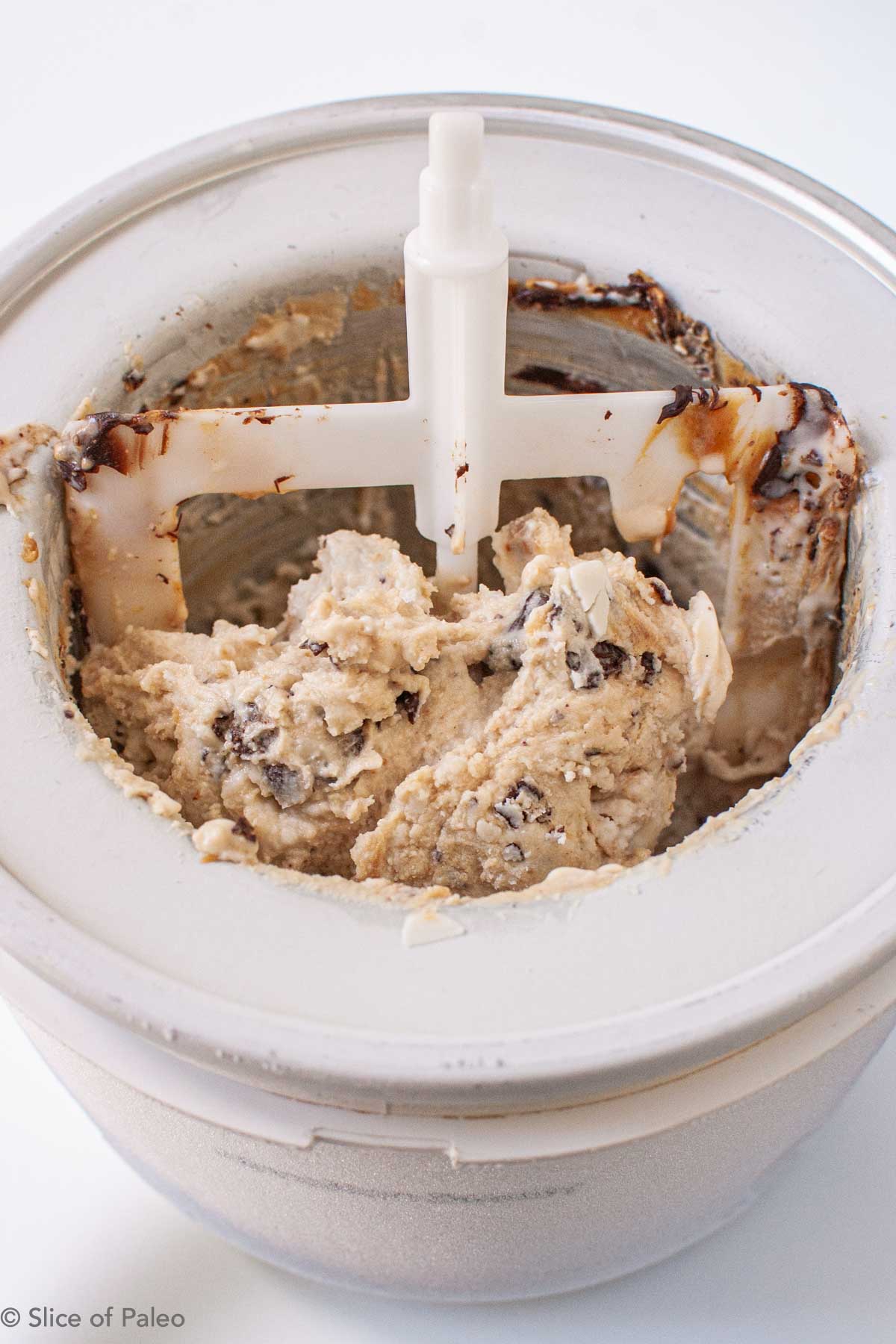 Dairy free peanut butter chocolate swirl ice cream in ice cream maker