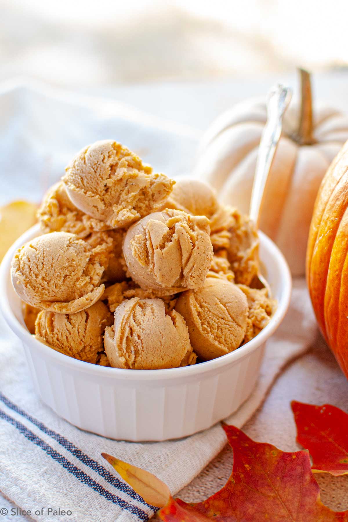 Paleo pumpkin ice cream scooped in a white dish