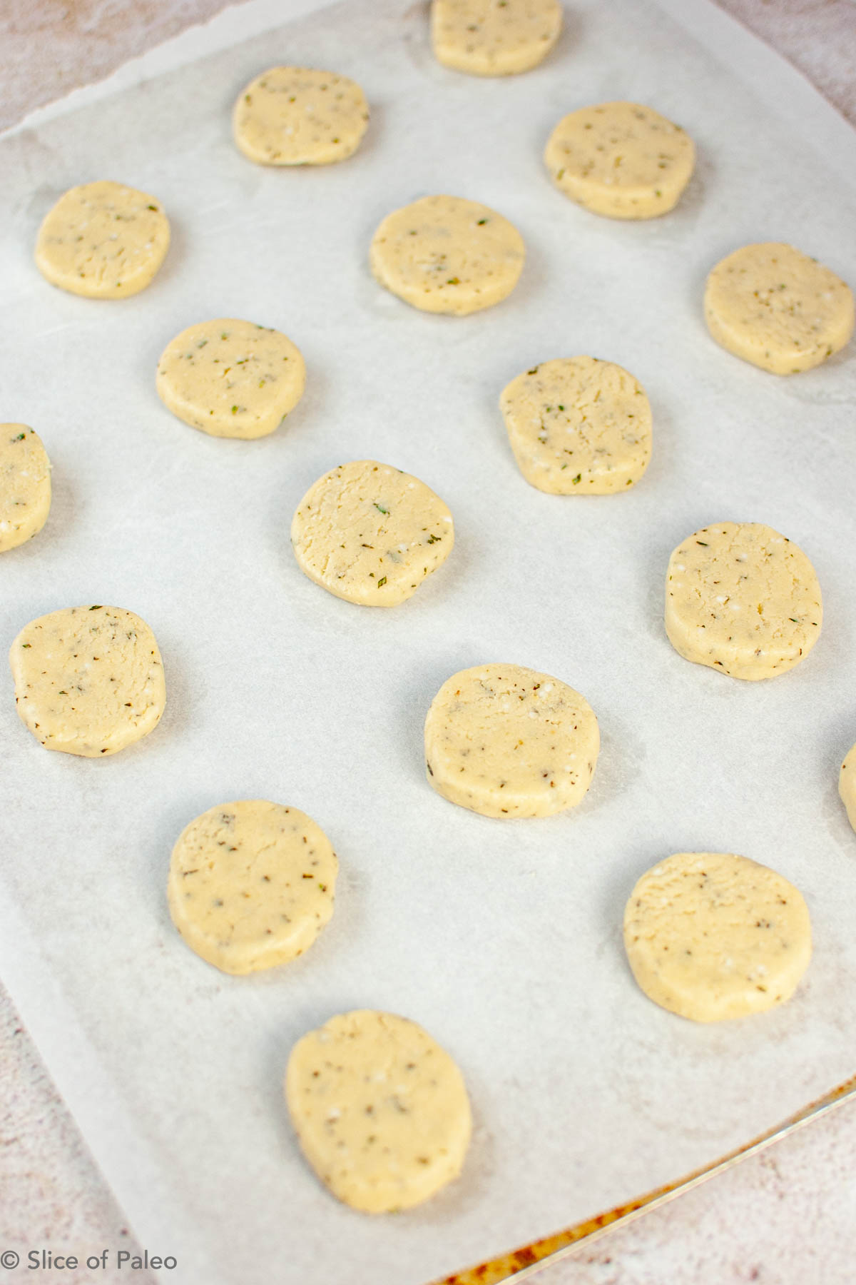 Paleo Rosemary Shortbread cookie dough on a baking sheet