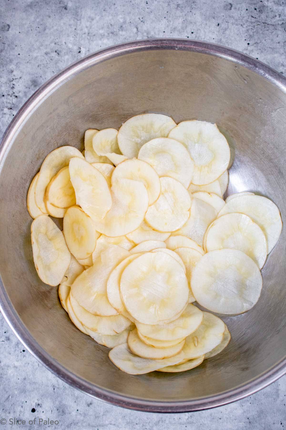 Baked Parsnip Chips in a bowl with oil and salt