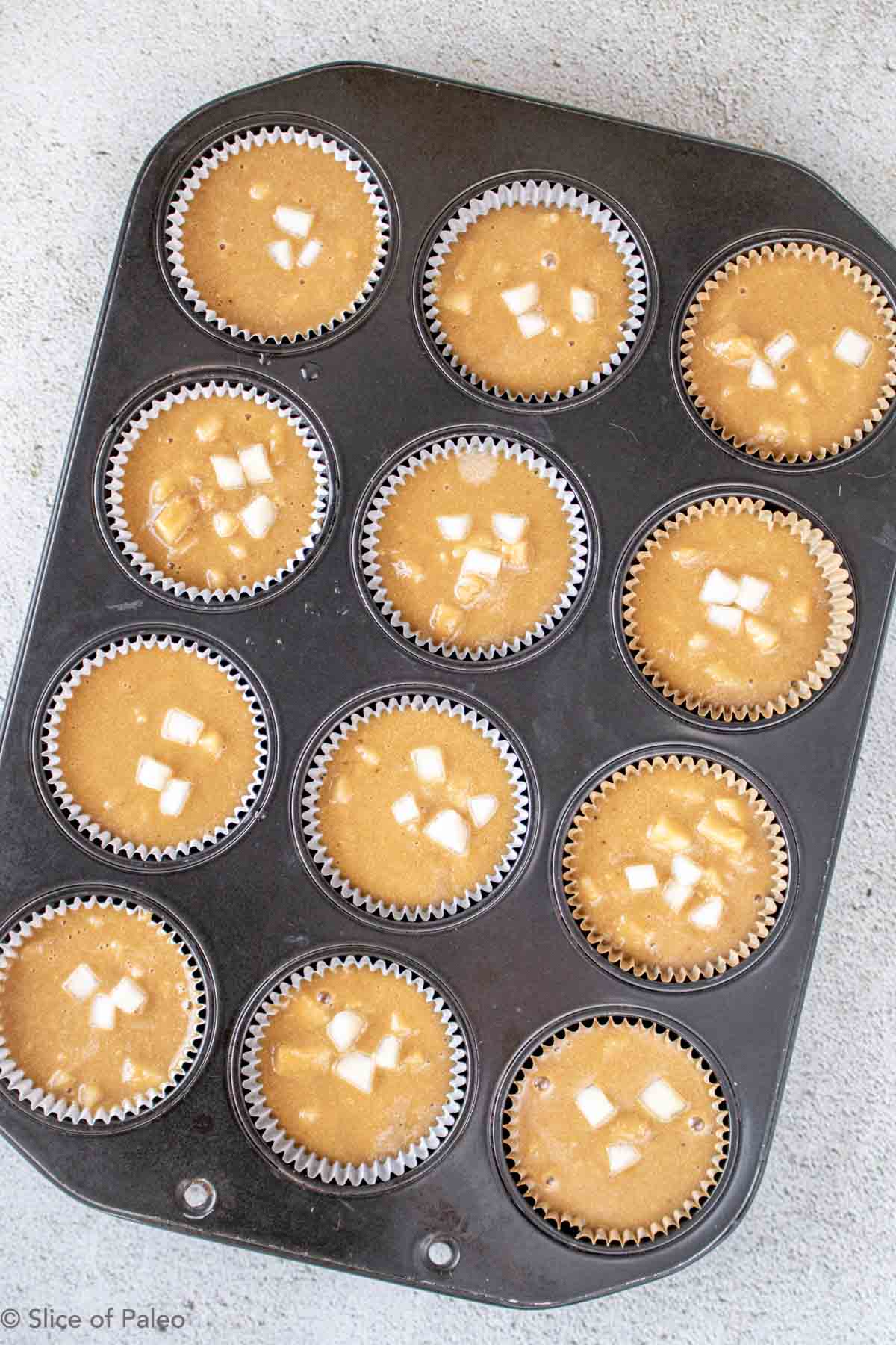 Paleo Ginger Pear Muffins batter poured into muffin pan