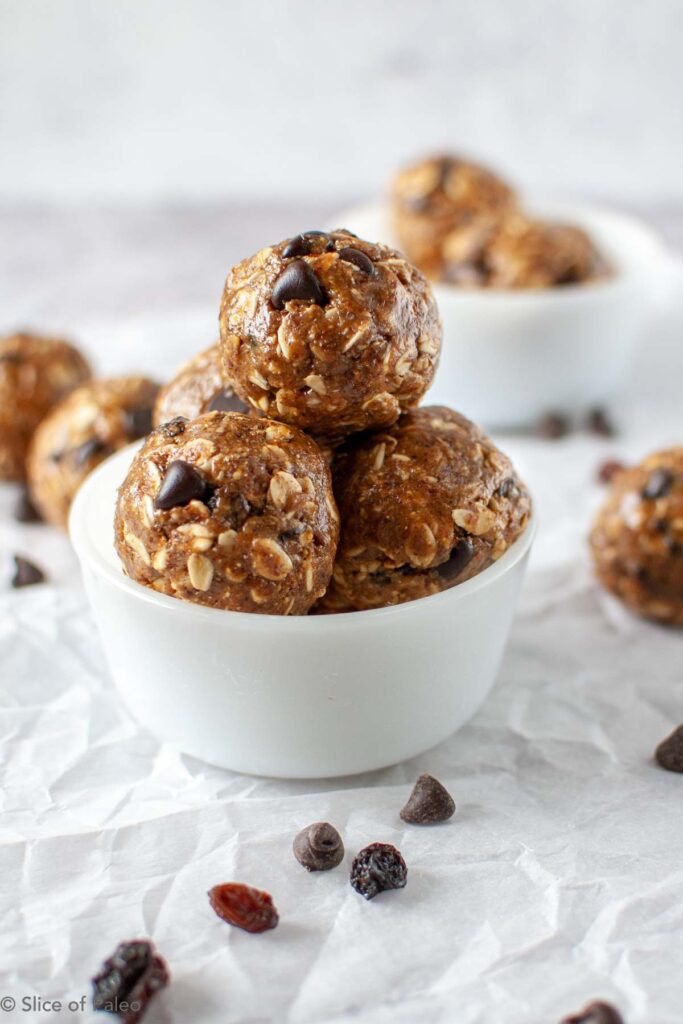 Almond Butter Energy Balls stacked in a bowl