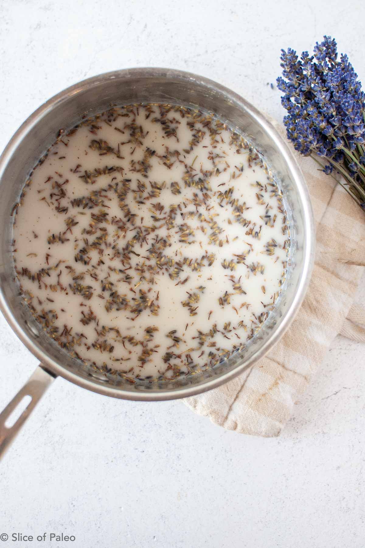 Paleo Lavender Honey Ice Cream cooking process with lavender infusing in coconut milk