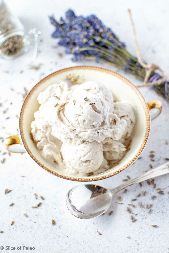 Paleo Lavender Honey Ice Cream served in a small dish